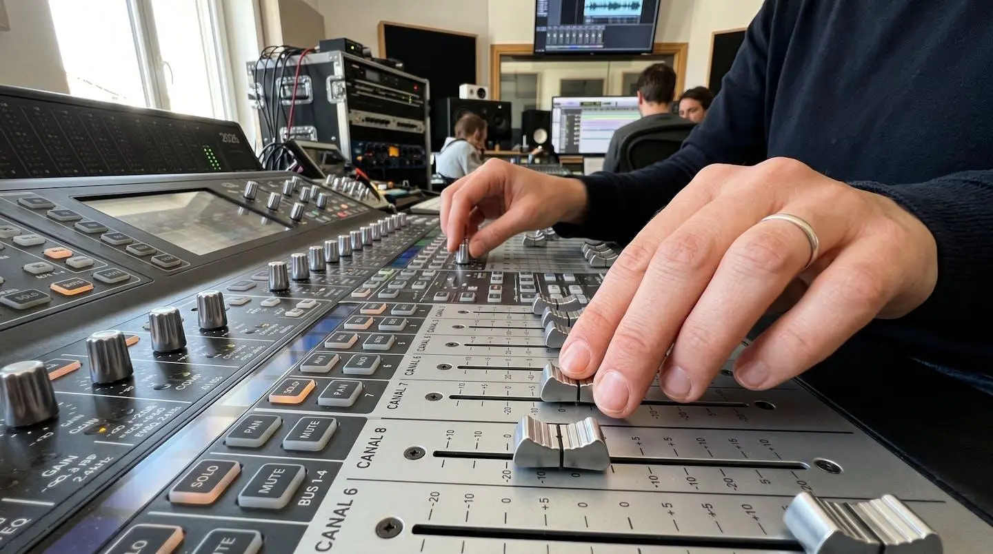 Gros plan sur les mains d'un technicien ajustant les faders et potentiomètres d'une console de mixage son professionnelle avec arrière-plan flouté