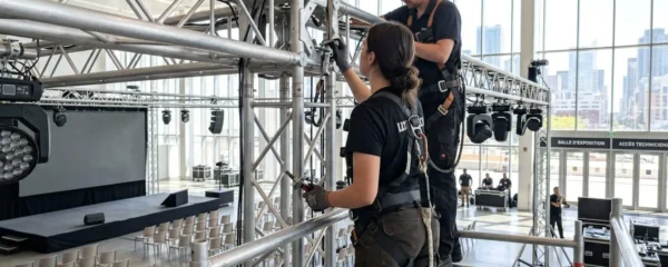 Deux techniciens vus de dos installent une structure d'éclairage suspendue dans une salle événementielle moderne avec grandes fenêtres lumineuses