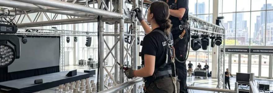 Deux techniciens vus de dos installent une structure d'éclairage suspendue dans une salle événementielle moderne avec grandes fenêtres lumineuses