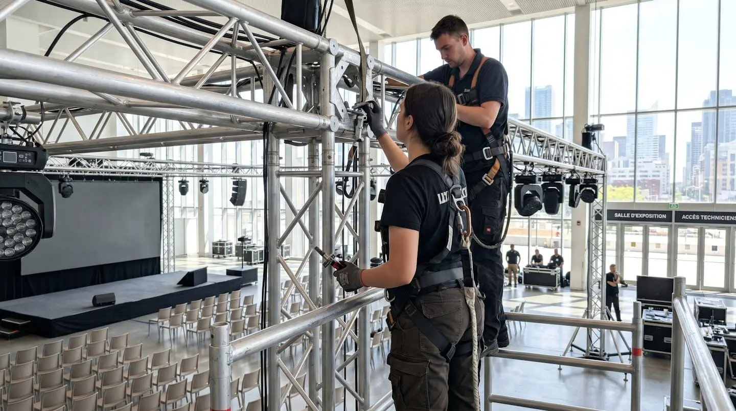 Deux techniciens vus de dos installent une structure d'éclairage suspendue dans une salle événementielle moderne avec grandes fenêtres lumineuses