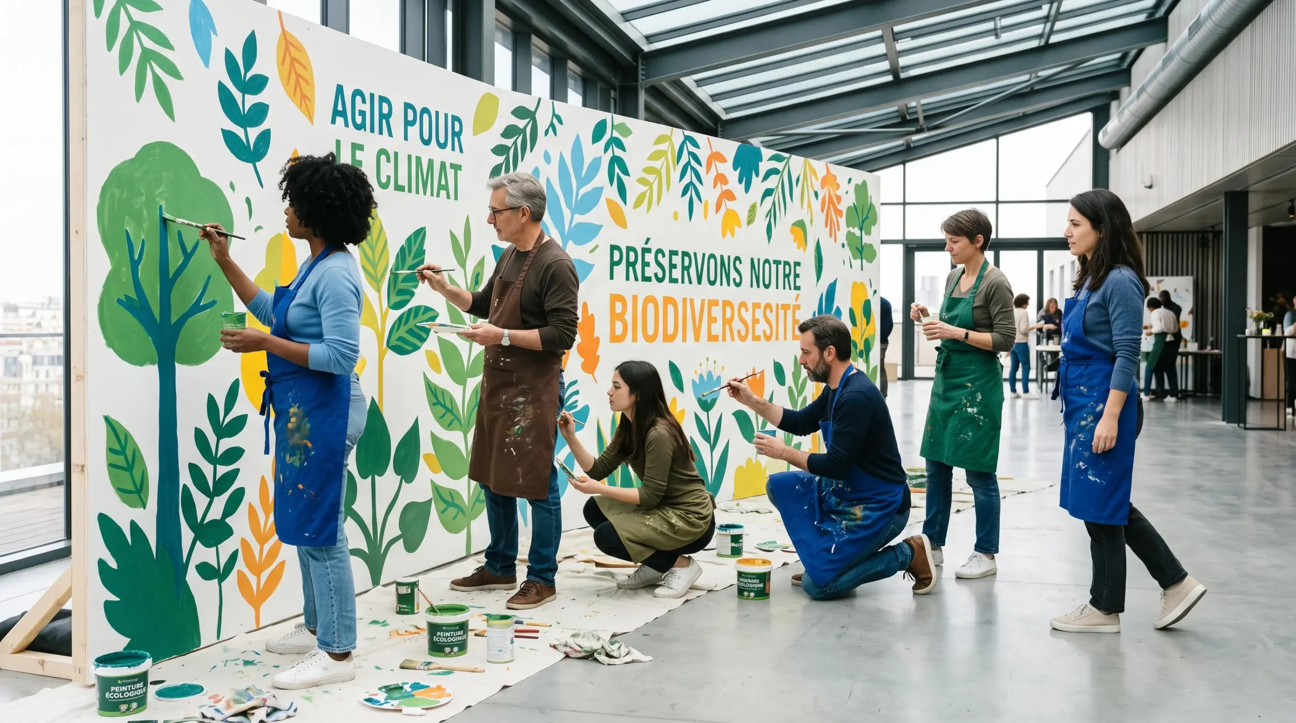 Groupe de collaborateurs de profils variés peignant ensemble une fresque murale à motifs végétaux et slogans écologiques en français lors d'un atelier team building RSE dans un espace événementiel parisien lumineux