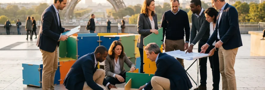 Groupe de collaborateurs d'âges et profils variés assemblant une structure modulaire colorée lors d'une activité de team building sur l'esplanade du Trocadéro à Paris, Tour Eiffel visible en arrière-plan flou, lumière dorée de fin d'après-midi