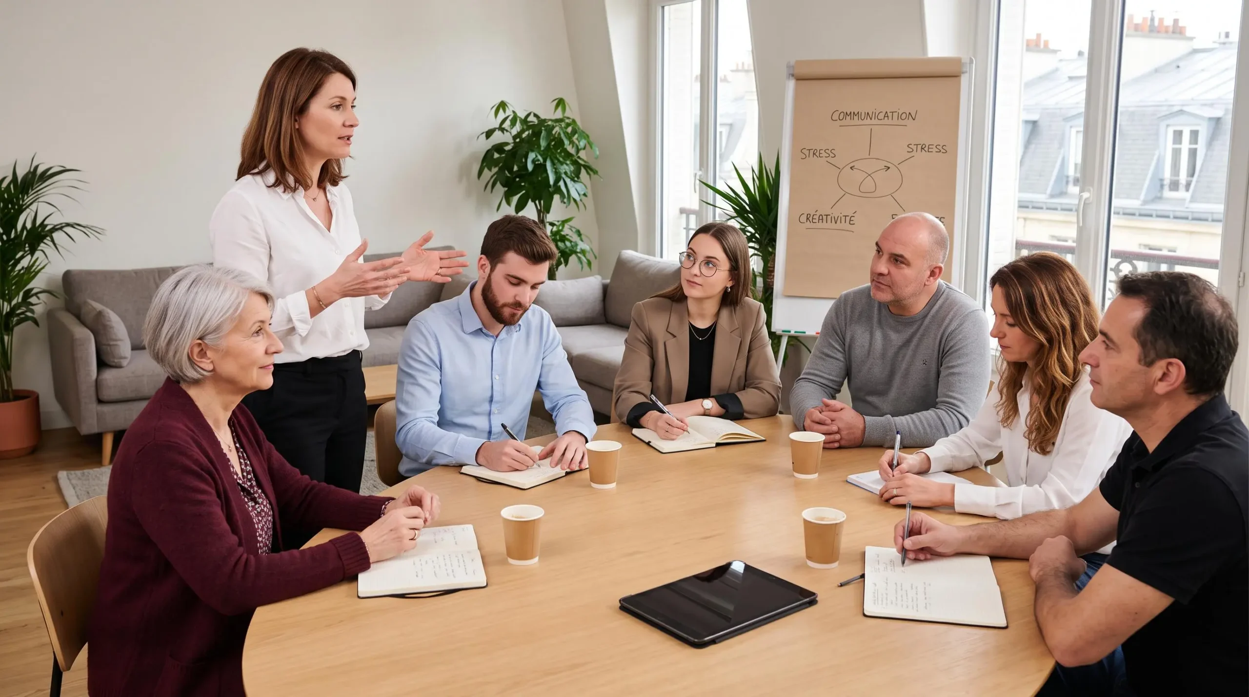 Groupe de six professionnels de profils variés assis autour d'une table de réunion dans un lounge parisien contemporain, animatrice debout facilitant les échanges, carnets et café sur la table, paperboard avec mots-clés en arrière-plan, lumière naturelle diffuse