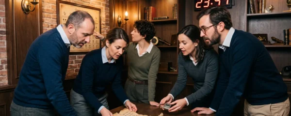 Groupe de cinq professionnels en tenue business casual rassemblés autour d'une table dans une salle d'escape game parisienne, manipulant des indices et échangeant activement pour résoudre une énigme collaborative, avec chronomètre digital visible en arrière-plan et décor immersif chaleureux