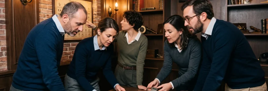 Groupe de cinq professionnels en tenue business casual rassemblés autour d'une table dans une salle d'escape game parisienne, manipulant des indices et échangeant activement pour résoudre une énigme collaborative, avec chronomètre digital visible en arrière-plan et décor immersif chaleureux