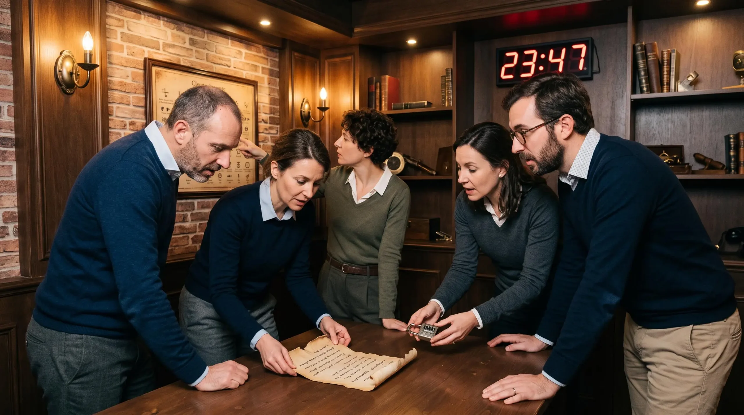 Groupe de cinq professionnels en tenue business casual rassemblés autour d'une table dans une salle d'escape game parisienne, manipulant des indices et échangeant activement pour résoudre une énigme collaborative, avec chronomètre digital visible en arrière-plan et décor immersif chaleureux