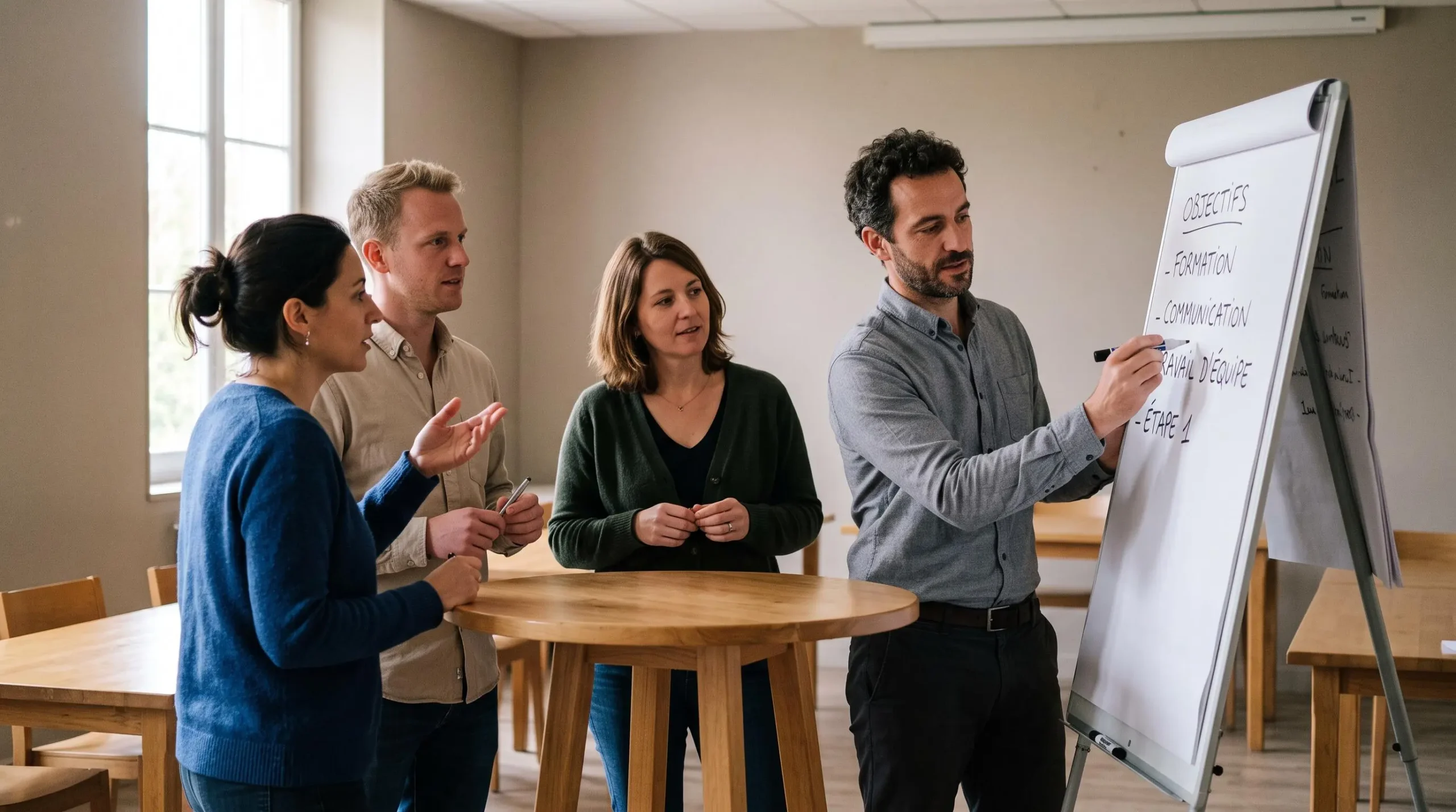 Quatre nouveaux salariés participent à un atelier autour d'une table haute pendant qu'un participant écrit sur un paperboard dans une salle de séminaire.