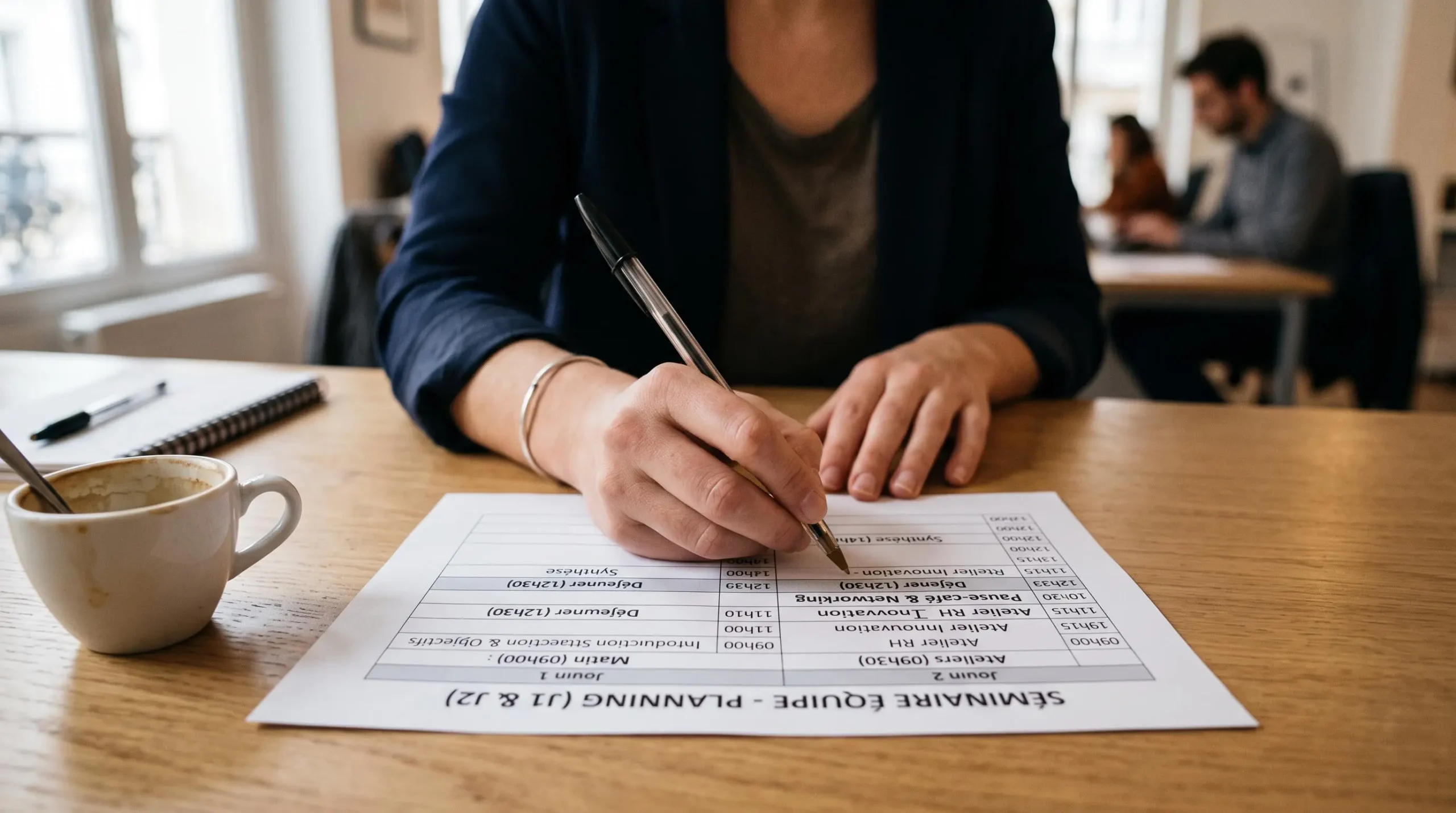 Les mains d'une coordinatrice RH annotent au stylo une trame imprimée de programme de séminaire d'intégration posée sur une table en bois.