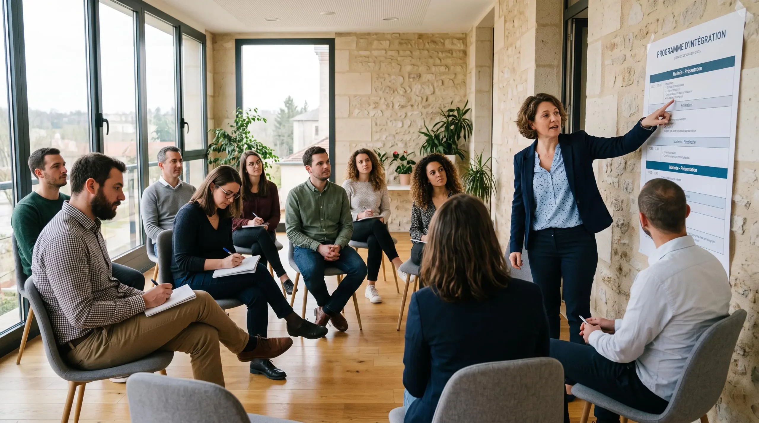 Une animatrice présente le programme d'un séminaire d'intégration à de nouveaux salariés assis en demi-cercle dans une salle de séminaire lumineuse.